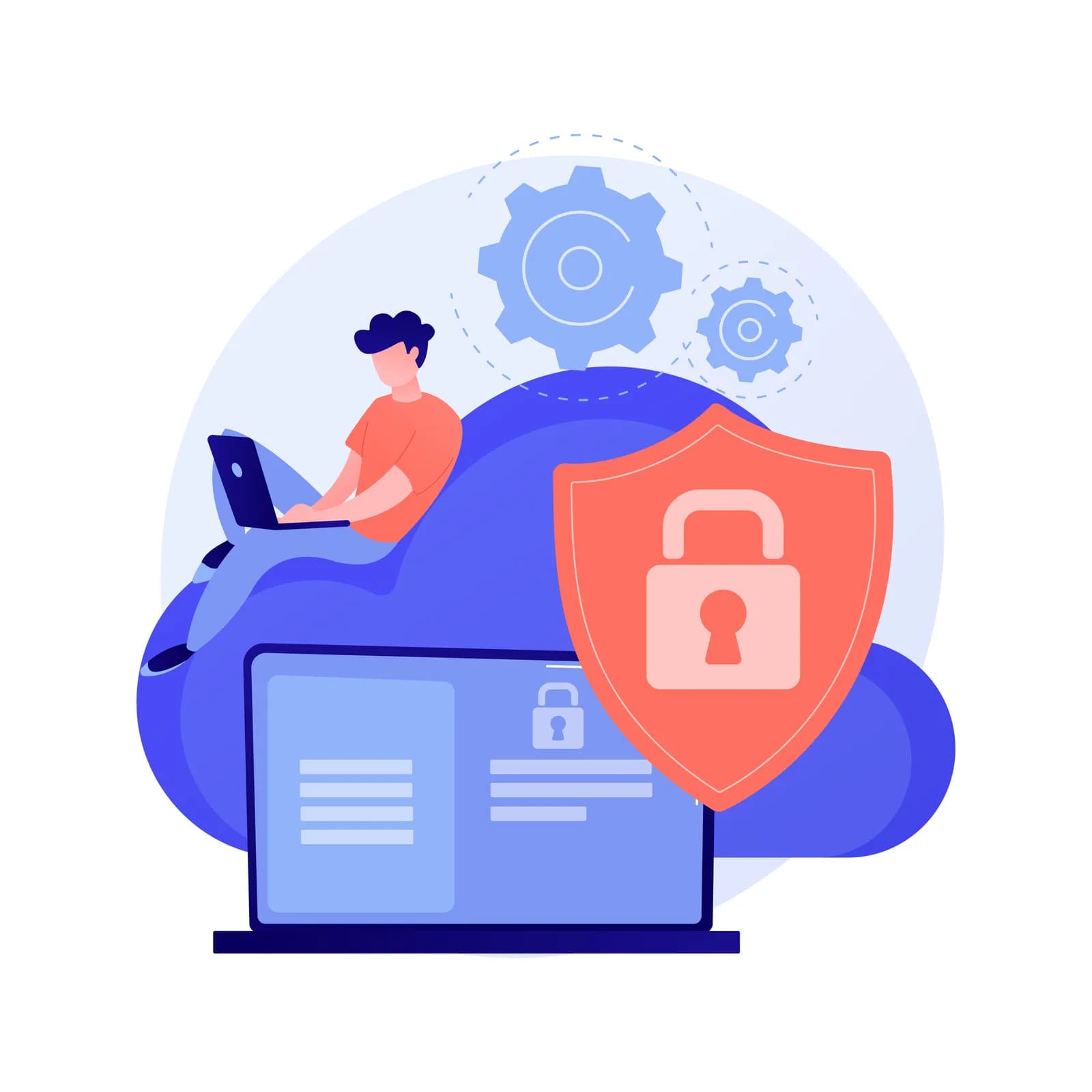 Illustration de cybersécurité : bouclier à cadenas protégeant un ordinateur et le cloud