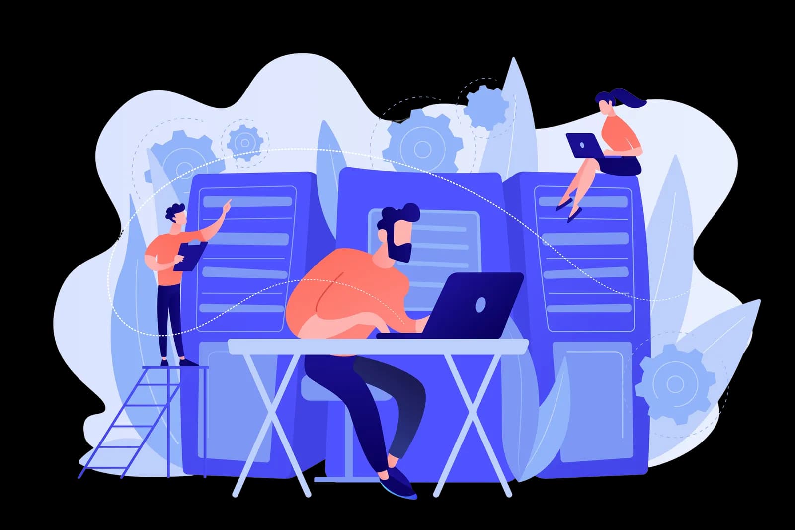 Illustration : techniciens informatiques travaillant devant des baies de serveurs