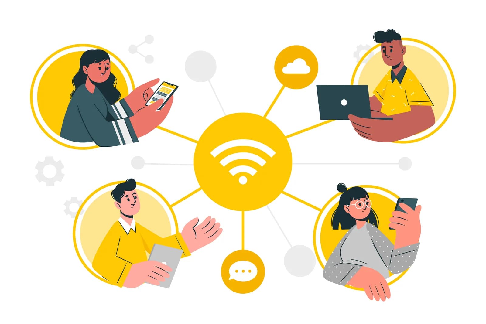 Illustration d'un réseau Wi-Fi professionnel reliant smartphones, tablettes et ordinateurs